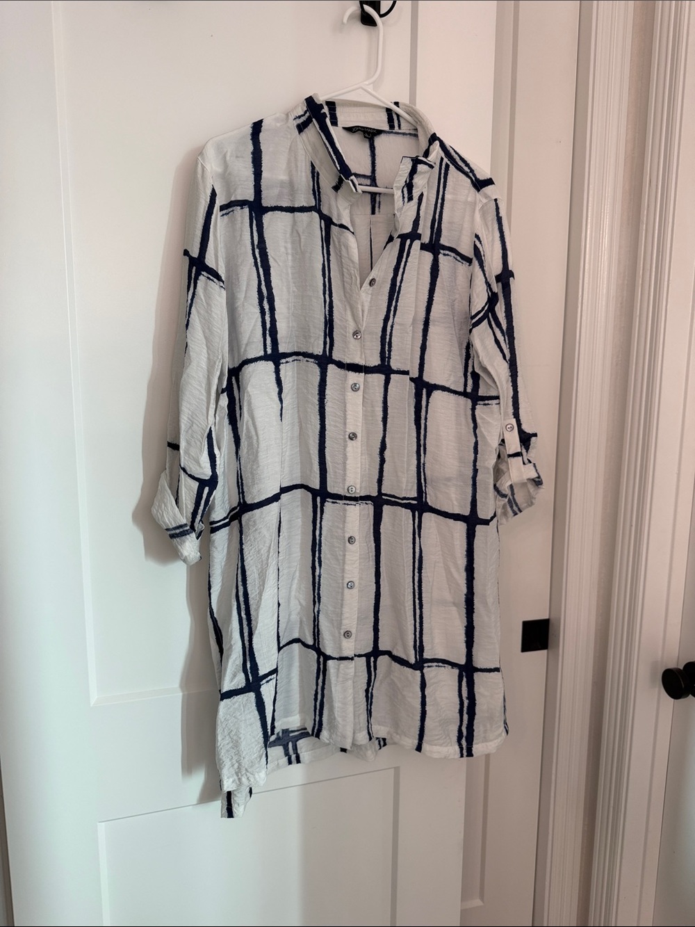 John Mark White Tunic with Navy Windowpane Detail